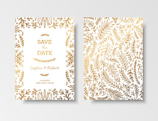Wedding vintage invitation,save the date card with golden twigs and flowers. Cover design with gold botanical ornaments. Gold cards templates for save the date, invites, greeting cards, place for text