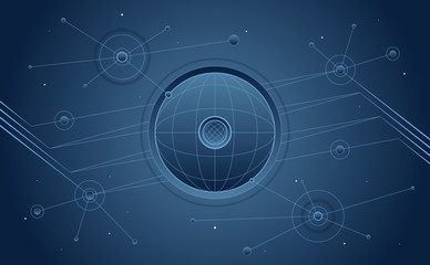 Abstract background. Sphere shape and circle with connecting dots and line. Vector illustration