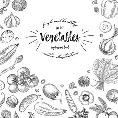 Vegetables top view frame. Ink hand drawn vector illustration. Farmers market menu design template. Organic vegetables food poster. Vintage hand drawn sketch vector illustration. Engraved style.