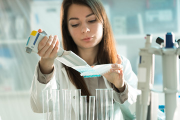 Microbiological laboratory scientist woman with multi channel pipette going DNA test