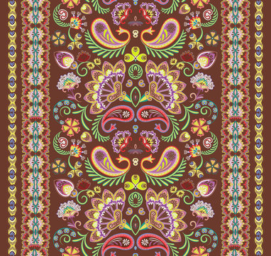 Indian seamless pattern. Wallpaper with Paisley. Ethnic style. Border ornament