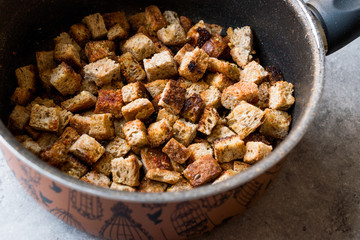 Healthy Organic Crispy Croutons Fried in Pan.