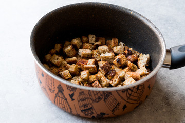 Healthy Organic Crispy Croutons Fried in Pan.
