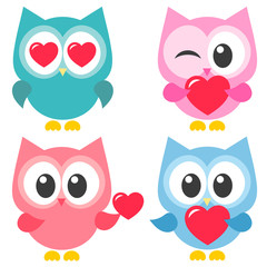 set of cute colorful owls with hearts