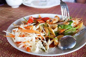 shrimp and vegetables selective focus on the table, The grilled prawn, Boiled Prawns, seafood big Shrimps