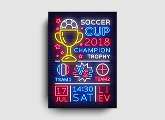 Soccer Tournament flyer vector. European Football Championship poster, neon sign, design template for brochure for soccer, invitation for soccer cup, light neon football advertisement. Vector