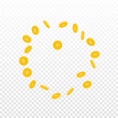 Russian ruble coins falling. Scattered sparse RUB coins on transparent background. Exquisite round frame vector illustration. Jackpot or success concept.