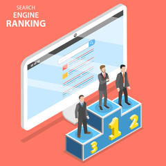 Search engine ranking flat isometric vector. First 3 winners of the SEO ranking are standing on the champion pedestal. - obrazy, fototapety, plakaty