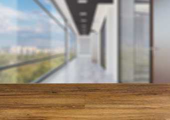 Open space office interior with like conference room . The wooden table. Blurred interior.