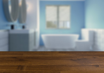 Modern bathroom including bath and sink.  Wooden table.