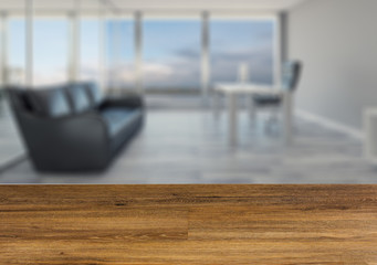 Background with empty wooden table. Flooring. Modern office Cabinet. Meeting room.