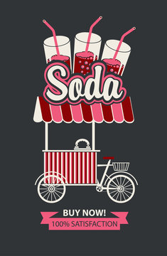Vector banner with bicycle shop for sale of carbonated drinks in retro style on black background. Street vendor soda, stall on wheels