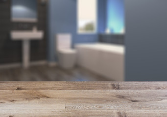 Scandinavian bathroom, classic  vintage interior design.  Empty wooden table.