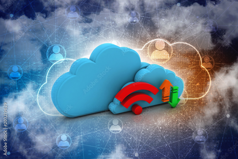 Poster 3d rendering cloud online storage icons with wifi