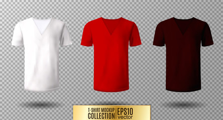 Realistic vector v-neck t-shirt mock up illustration. White, red, vinous