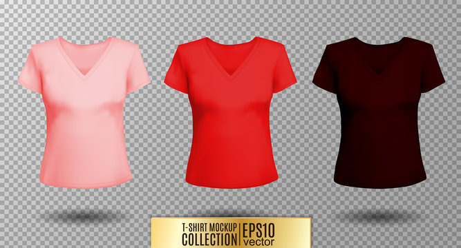 Women's black t-shirt with short sleeve and V-neck in front and back views. Vector template. Fully editable handmade mesh. Pink, red, vinous