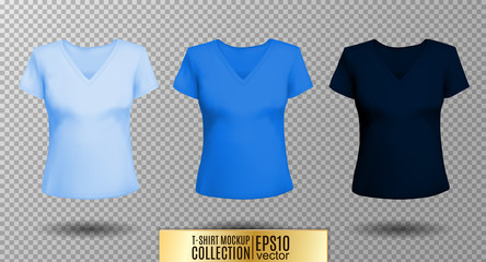 Women's black t-shirt with short sleeve and V-neck in front and back views. Vector template. Fully editable handmade mesh. Light. normal, dark blue