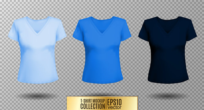 Women's black t-shirt with short sleeve and V-neck in front and back views. Vector template. Fully editable handmade mesh. Light. normal, dark blue