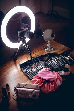 Cosmetic accessories on a table