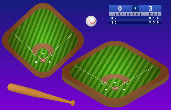 Isometric baseball playground, ball, baseball bat, and scoreboard. Baseball field top view. Isolated