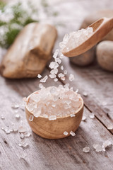 Composition of spa treatment on wooden background