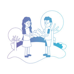 isometric little kids couple in field landscape character vector illustration