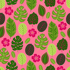 Jungle seamless pattern with tropical flowers and leaves