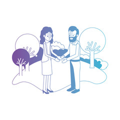 couple isometrics in field landscape avatars characters vector illustration