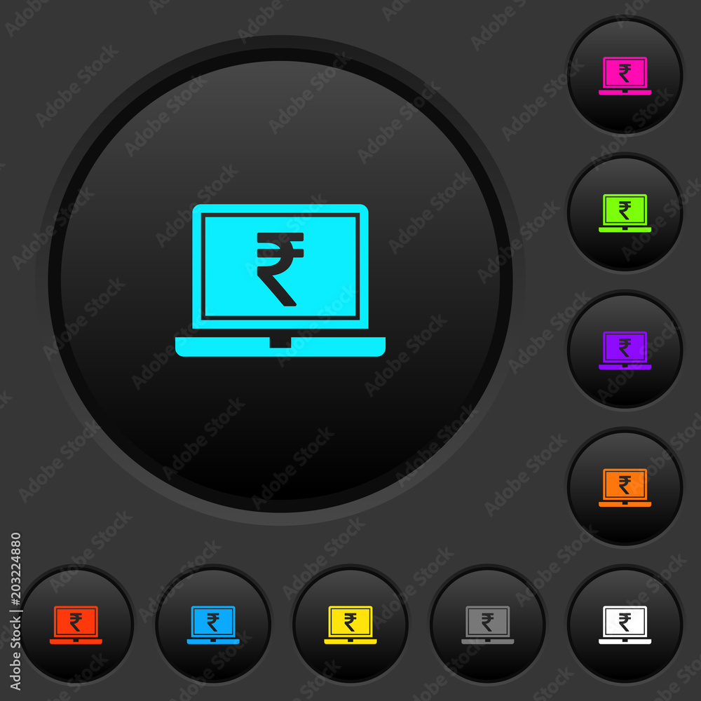 Poster laptop with rupee sign dark push buttons with color icons