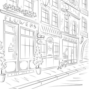 Old town, street with old buildings, cafes.