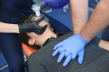 first aid measures for victims, basic emergency training, artificial lung ventilation, indirect...