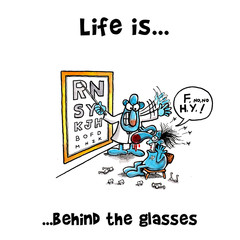 Optician is angry with his patient who can't read the letter board