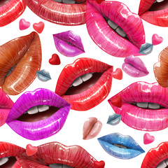 Seamless pattern of colorful sexy lips. Vector lipstick or lip gloss 3d realistic design. Fashion illustration