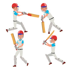 Cricket Player Vector. Wearing Sport Uniform Clothes. Different Poses. Cartoon Character Illustration