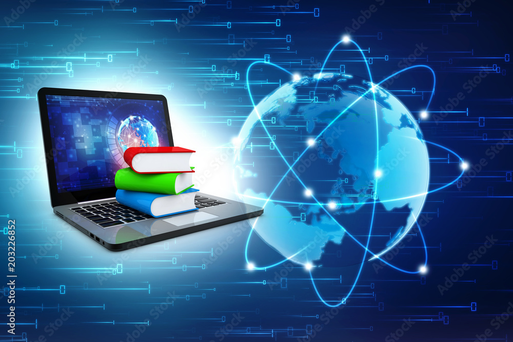 Poster digital library and online education concept - laptop computer with colorful books. 3d rendering