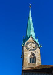 Fototapeta na wymiar Tower clock of Fraumunster church, Zurich, Switzerland