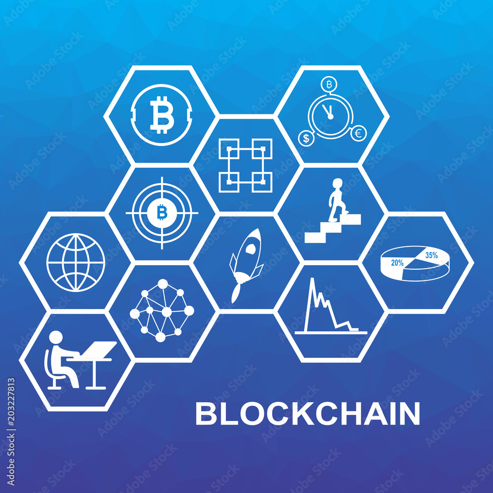 Poster vector illustration of blockchain concept with low poly background. connected hexagonal shapes.