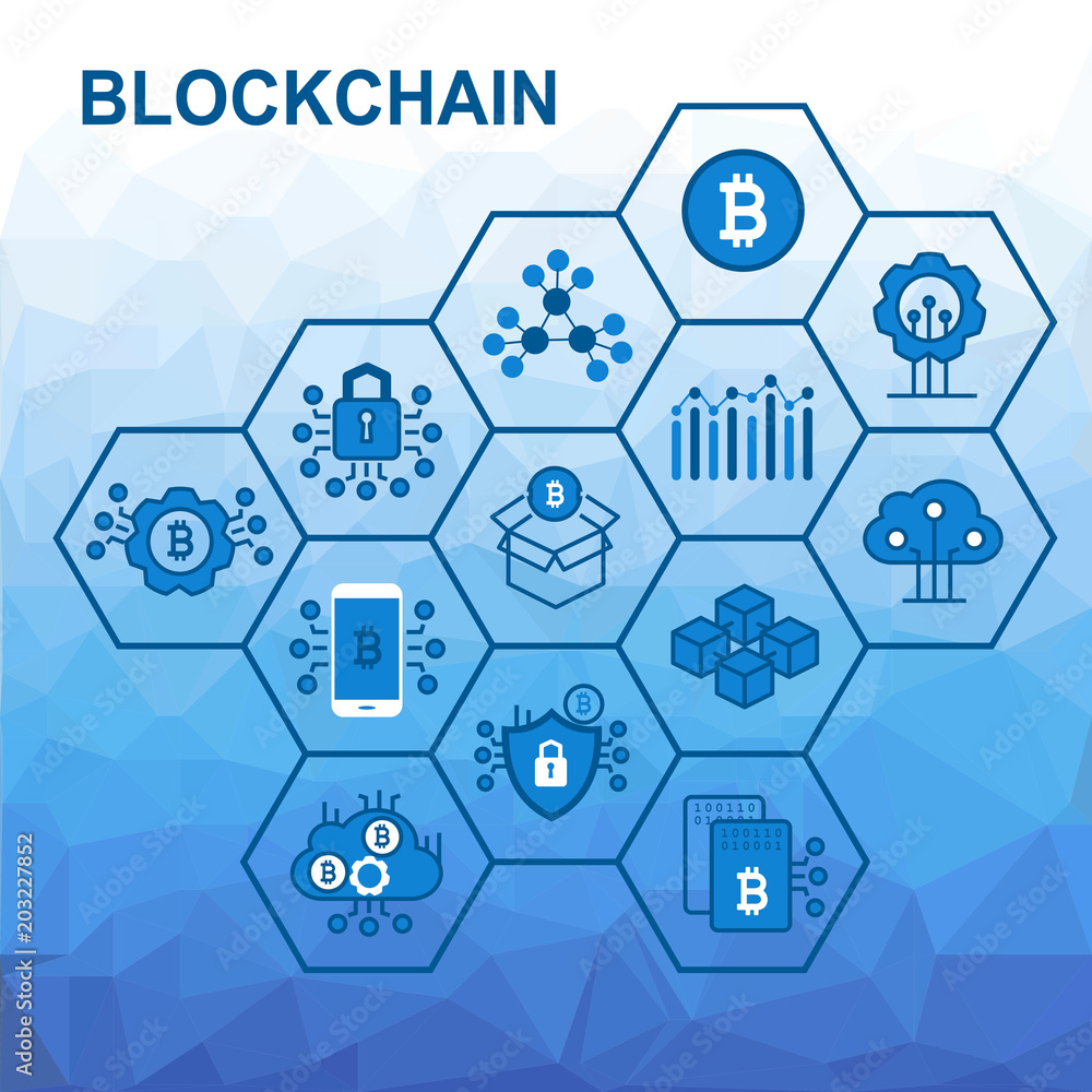 Poster vector illustration of blockchain concept with low poly background. connected hexagonal shapes.