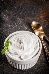 Frozen white vanilla frozen yogurt or soft ice cream in white bowl copy space