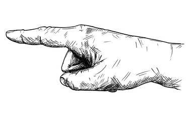 Vector artistic pen and ink drawing illustration of hand with finger pointing left direction.