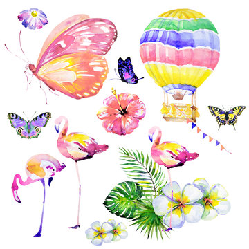 beautiful tropical palm leaves , flamingos, balloon, butterfly ,watercolor