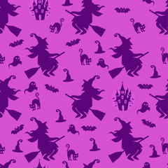 Obraz na płótnie Canvas Abstract seamless halloween pattern for girls or boys. Creative vector background with witch, bat, ghost. Funny pattern for textile and fabric. Fashion halloween witch style. Colorful bright picture