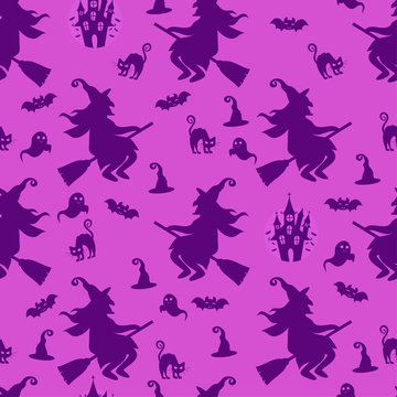 Abstract seamless halloween pattern for girls or boys. Creative vector background with witch, bat, ghost. Funny pattern for textile and fabric. Fashion halloween witch style. Colorful bright picture