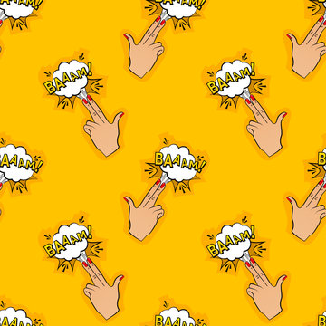 Abstract seamless pin up pattern for girls, boys, clothes. Creative vector pin up background with fingers gun, cloud. Funny pattern wallpaper for textile and fabric. Fashion pop art style.
