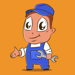 Auto car mechanic vector cartoon character for auto repair shop. Illustration with a man in a blue coverall with a wrench. Design for a logo or corporate style.