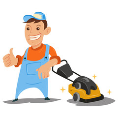 Man with a washing vacuum cleaner. Cleaning company staff. Vector cartoon illustration isolated on white background.