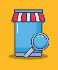 shopping online design with smartphone and magnifying glass over yellow background, colorful design. vector illustration