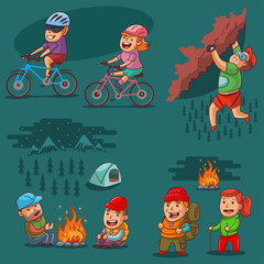 Hiking vector set. Cartoon illustration of a man and a woman on a camping, mountain climbing, active lifestyle, cycling, weekend in the forest by campfire.
