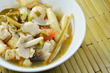 spicy boiled chicken with straw mushroom Tom Yum Soup on bowl