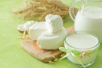 Shavuot concept - dairy products and wheat on green wood background